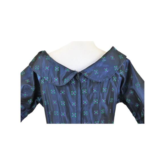 1950s Navy Blue Day Dress Purple Green Geometric Print Size Small - Picture 12 of 14